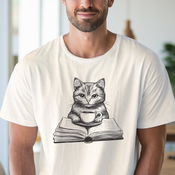 Cat Reading Book Coffee Shirt Cozy Kitten Tee Book Lover Gift Cat with Book and - Picture 4 of 6